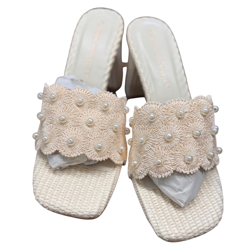 Oasis Society Holland Ivory Pearl Crochet Woven Block Heel Sandals Womens 10